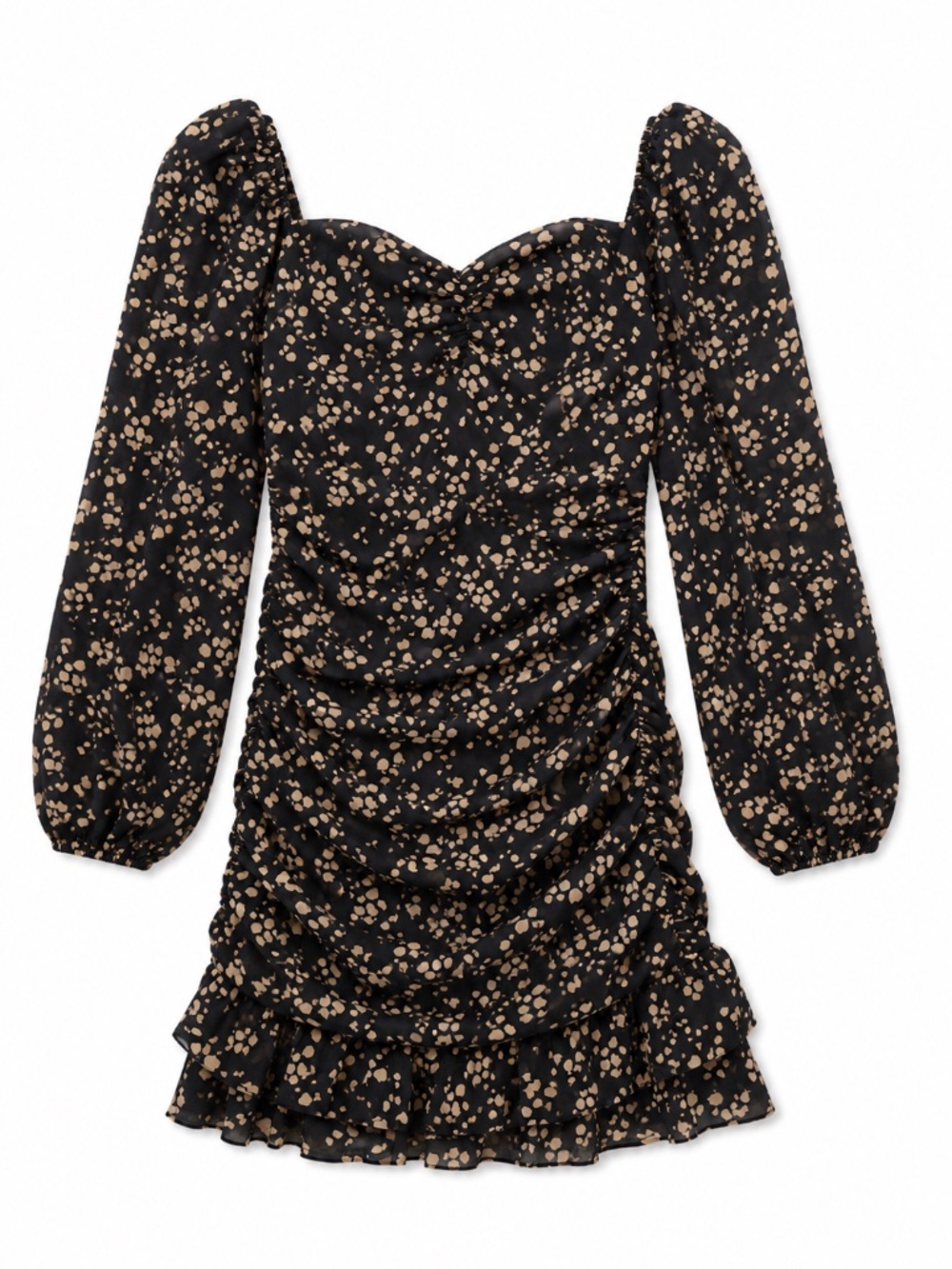 All In Favor Black Ruched Puff Sleeve Mini Dress Size M Sweetheart Neck Floral